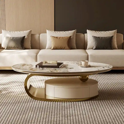 51 Modern Pandora Oval Coffee Table with Glossy Sintered stone top, Luxury Coffee Table, Stainless Steel Legs for Livingroom