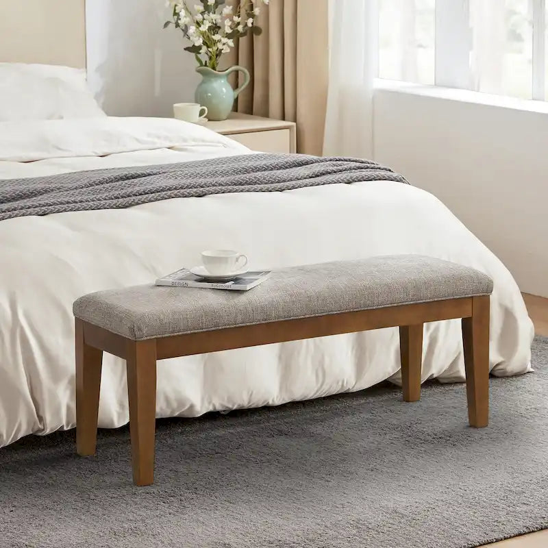 Upholstered Fabric Entryway Bench, Bedroom Bench for End of Bed Beige, Solid Wood 44-inch