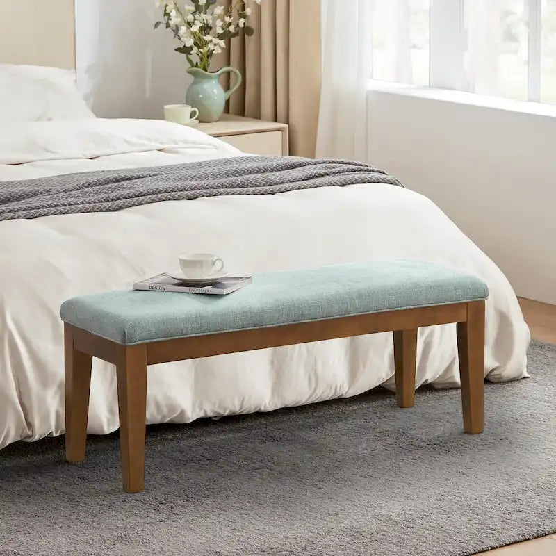 Upholstered Fabric Entryway Bench, Bedroom Bench for End of Bed Beige, Solid Wood 44-inch