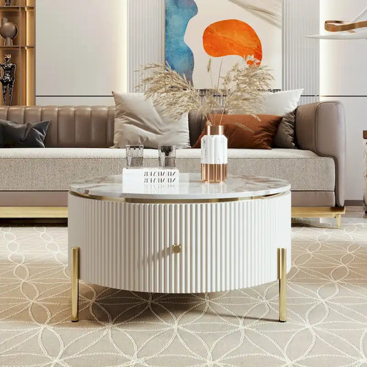 Modern Round Coffee Table with 2 large Drawers Storage