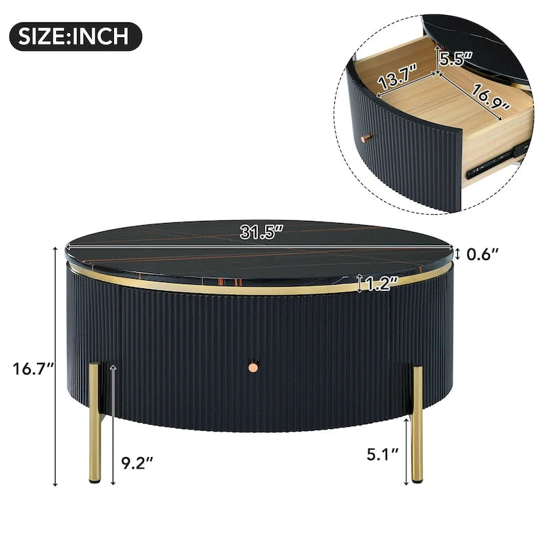 Modern Round Coffee Table with 2 large Drawers Storage