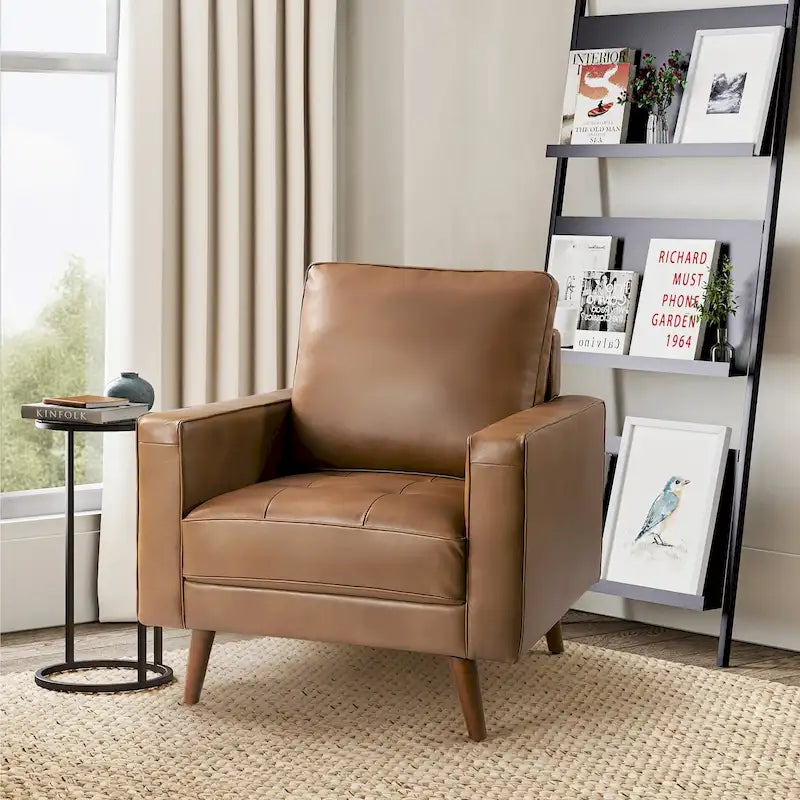 Elizabeth Mid-century Genuine Leather Arm Chair by HULALA HOME