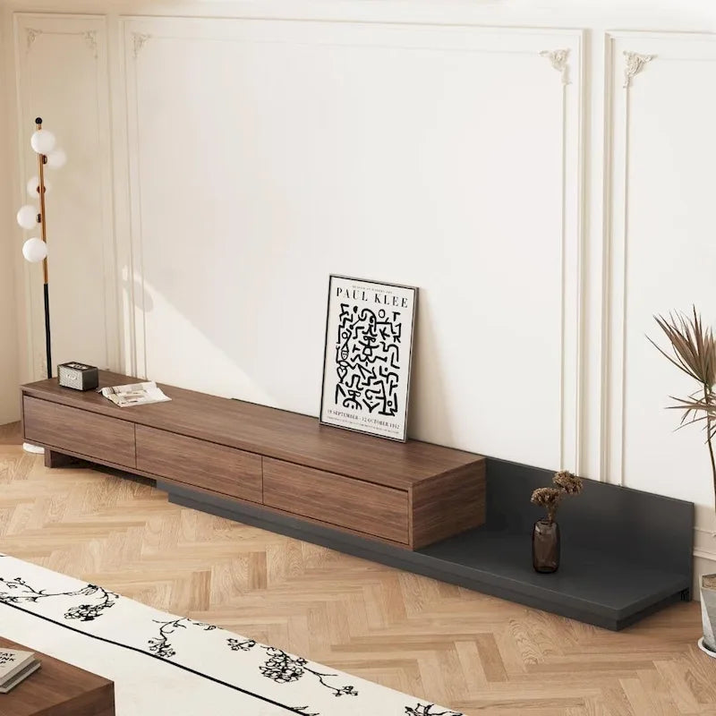 Extendable 118 Modern TV Stand with 3 Spacious Drawers, Adjustable Length Media Console for Living Room