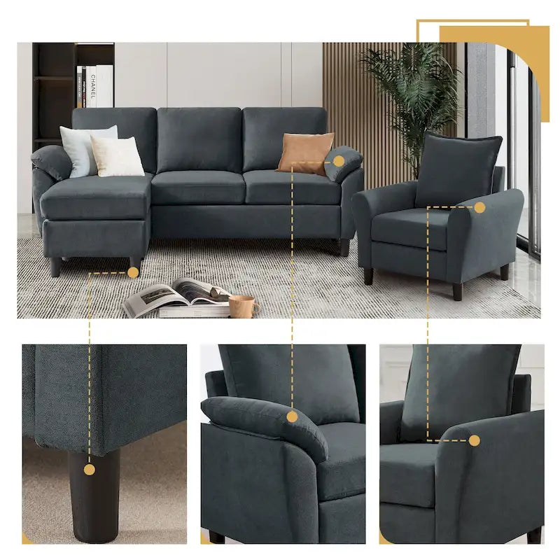 3-Piece Living Room Sectional Sofa Set with Chair and Ottoman