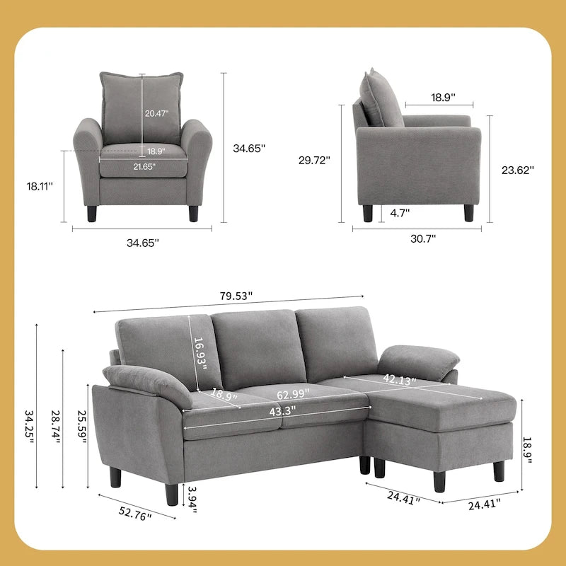3-Piece Living Room Sectional Sofa Set with Chair and Ottoman