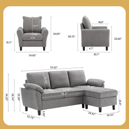 3-Piece Living Room Sectional Sofa Set with Chair and Ottoman