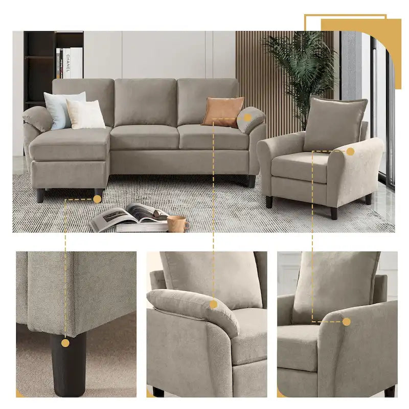 3-Piece Living Room Sectional Sofa Set with Chair and Ottoman