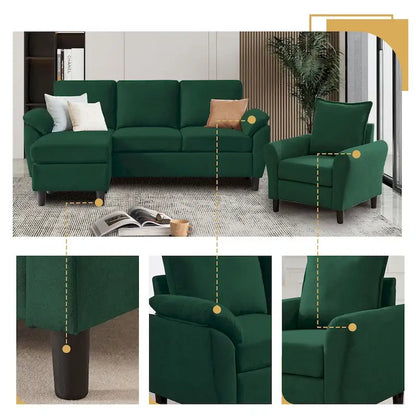 3-Piece Living Room Sectional Sofa Set with Chair and Ottoman