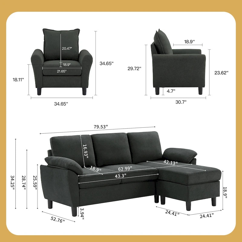 3-Piece Living Room Sectional Sofa Set with Chair and Ottoman