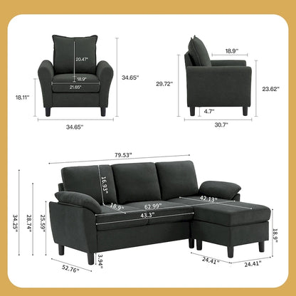 3-Piece Living Room Sectional Sofa Set with Chair and Ottoman