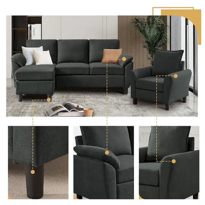 3-Piece Living Room Sectional Sofa Set with Chair and Ottoman