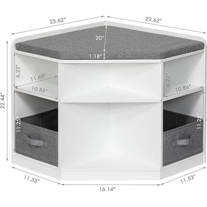UTEX Corner Reading Nook, Bench with Storage, Corner Cabinet with 3 Cubbies for Living Room, Bedroom, White