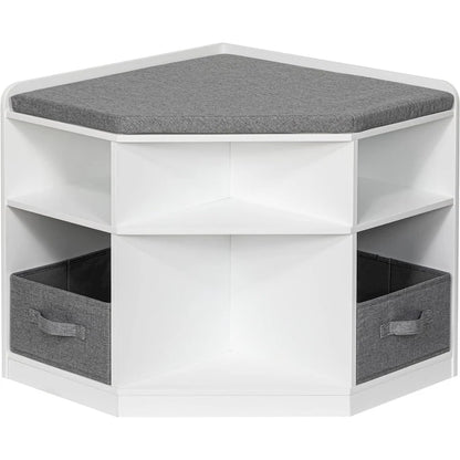 UTEX Corner Reading Nook, Bench with Storage, Corner Cabinet with 3 Cubbies for Living Room, Bedroom, White