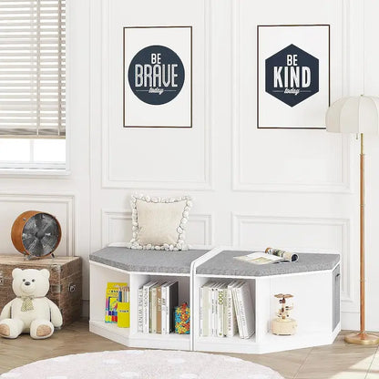 UTEX Corner Reading Nook, Bench with Storage, Corner Cabinet with 3 Cubbies for Living Room, Bedroom, White