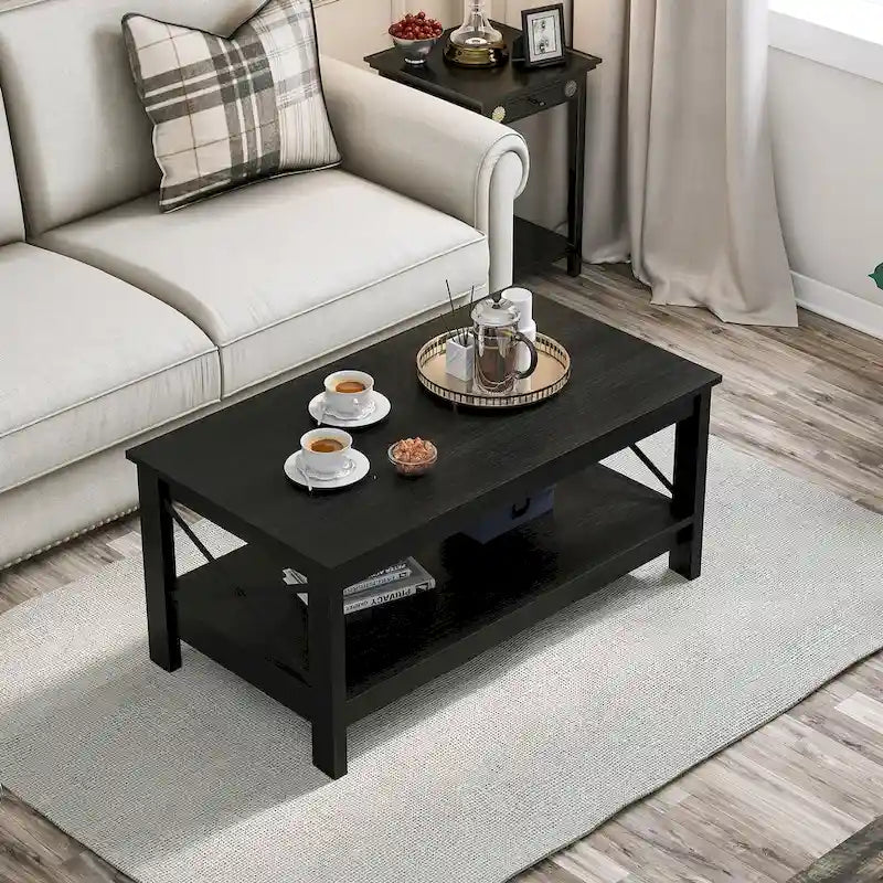 Farmhouse Wood Accent Coffee Table with Large Storage Shelf