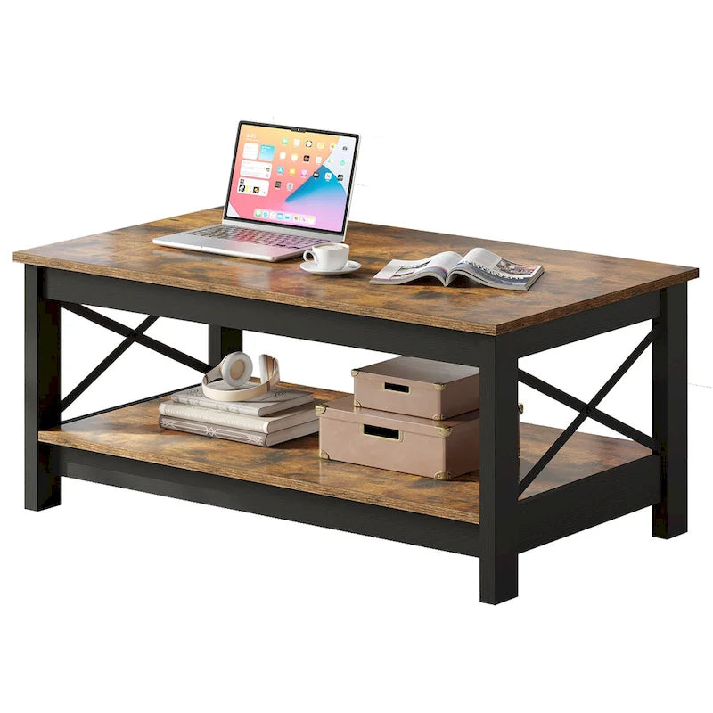 Farmhouse Wood Accent Coffee Table with Large Storage Shelf