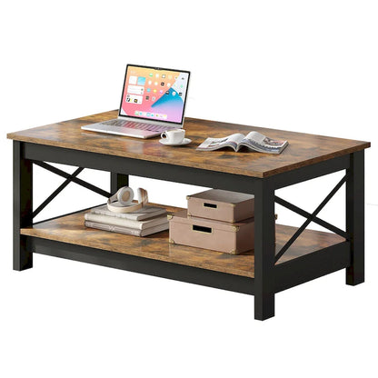 Farmhouse Wood Accent Coffee Table with Large Storage Shelf