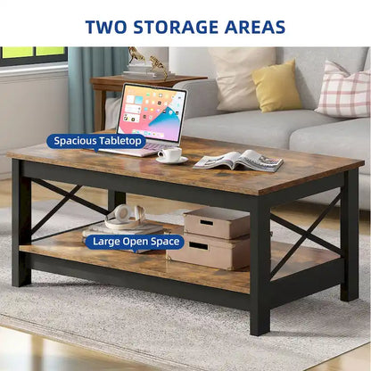 Farmhouse Wood Accent Coffee Table with Large Storage Shelf