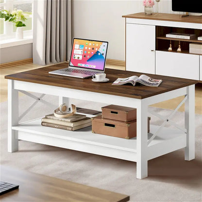 Farmhouse Wood Accent Coffee Table with Large Storage Shelf