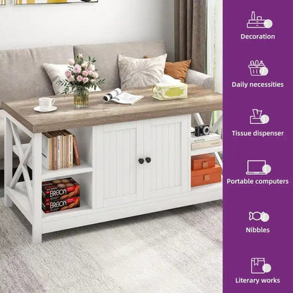Farmhouse Wood Accent Coffee Table with Large Storage Shelf