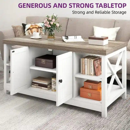 Farmhouse Wood Accent Coffee Table with Large Storage Shelf