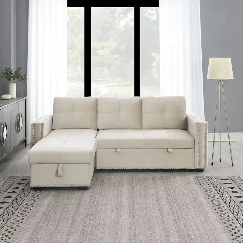 Modern Reversible L-shaped Sleeper Sectional Sofa Bed with Storage Chaise