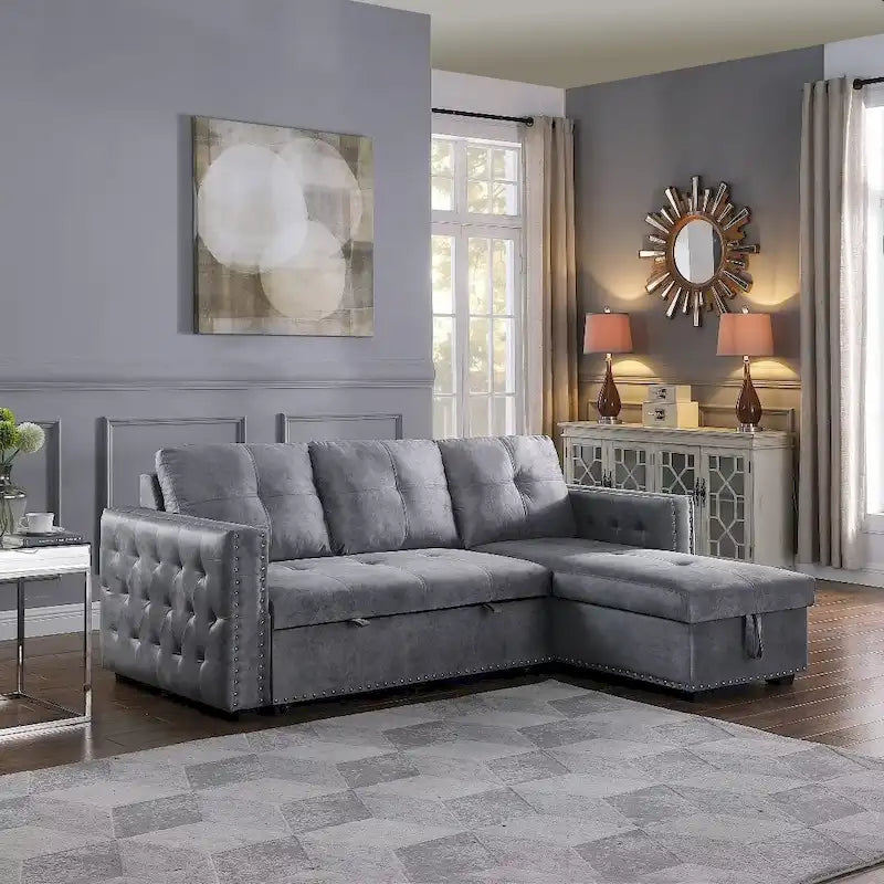 Modern Reversible L-shaped Sleeper Sectional Sofa Bed with Storage Chaise