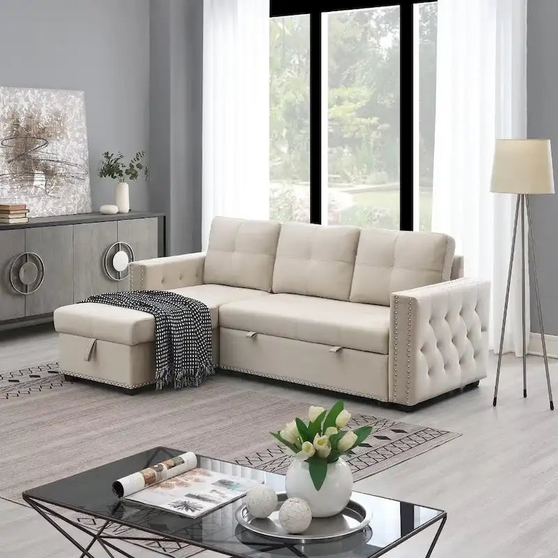 Modern Reversible L-shaped Sleeper Sectional Sofa Bed with Storage Chaise