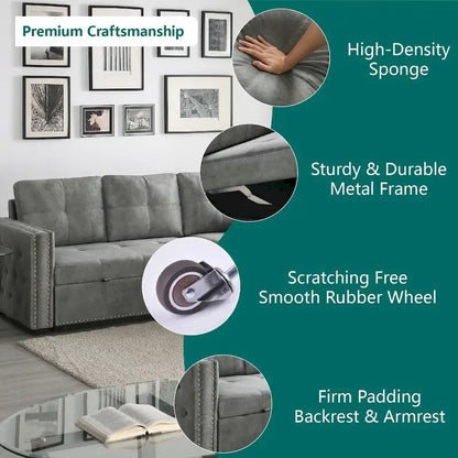 Modern Reversible L-shaped Sleeper Sectional Sofa Bed with Storage Chaise