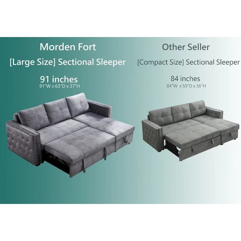 Modern Reversible L-shaped Sleeper Sectional Sofa Bed with Storage Chaise