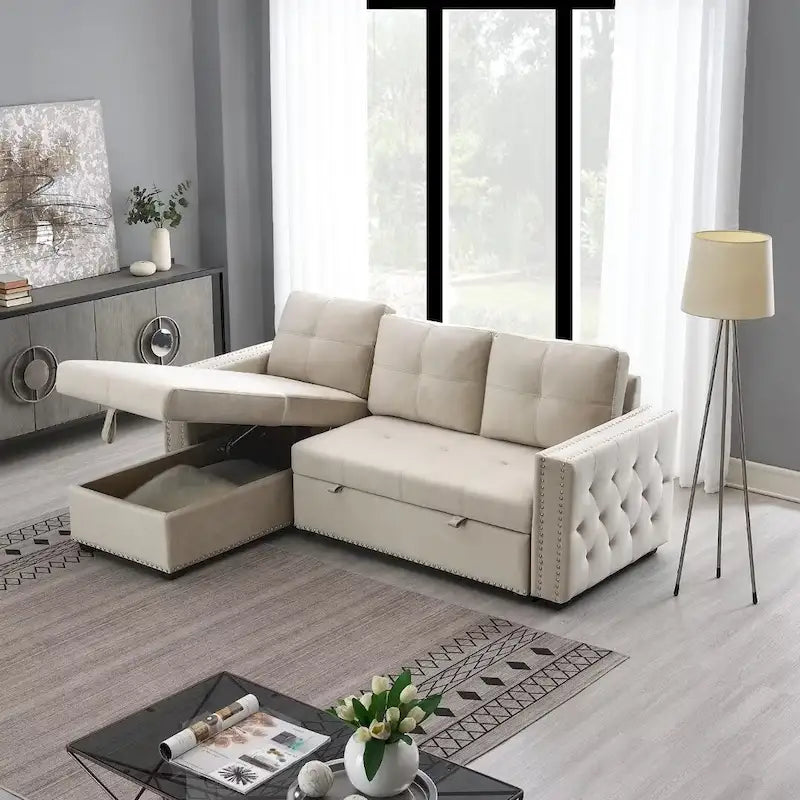 Modern Reversible L-shaped Sleeper Sectional Sofa Bed with Storage Chaise