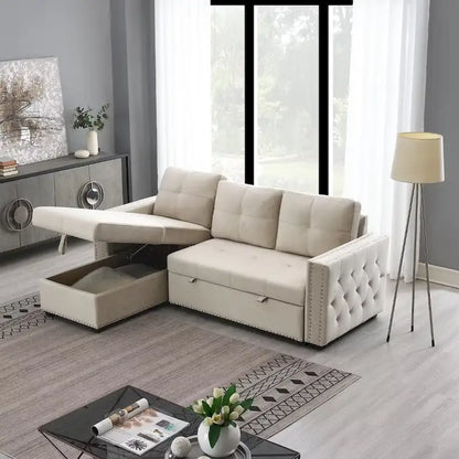 Modern Reversible L-shaped Sleeper Sectional Sofa Bed with Storage Chaise