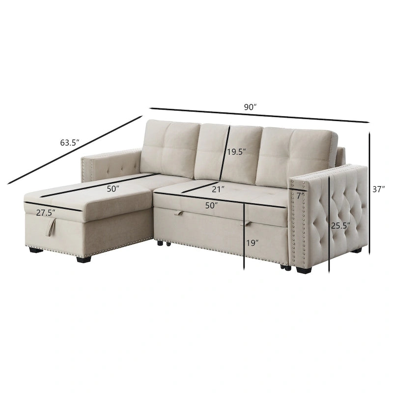 Modern Reversible L-shaped Sleeper Sectional Sofa Bed with Storage Chaise