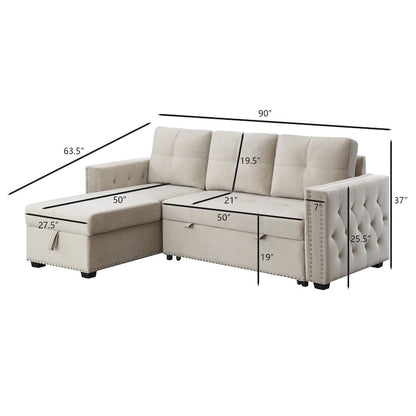 Modern Reversible L-shaped Sleeper Sectional Sofa Bed with Storage Chaise