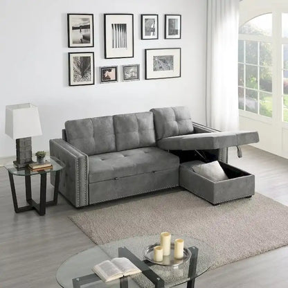 Modern Reversible L-shaped Sleeper Sectional Sofa Bed with Storage Chaise