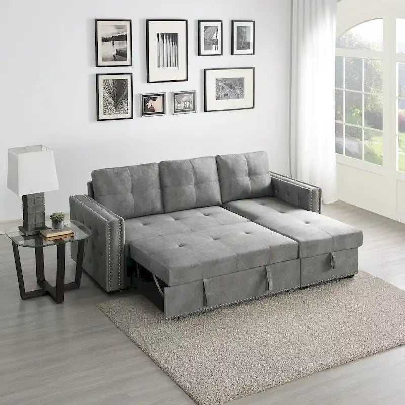 Modern Reversible L-shaped Sleeper Sectional Sofa Bed with Storage Chaise