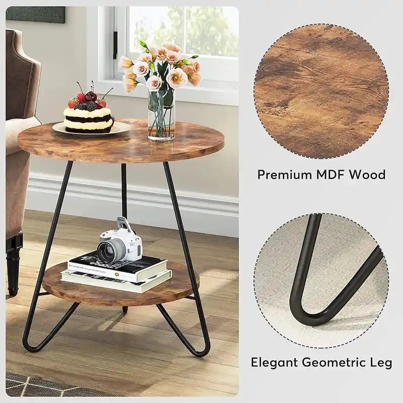 Round End Table, 2 Tier Wood Sofa Side Table for Living Room Bedroom