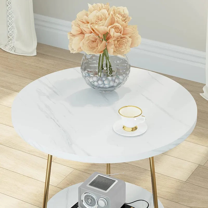 Round End Table, 2 Tier Wood Sofa Side Table for Living Room Bedroom