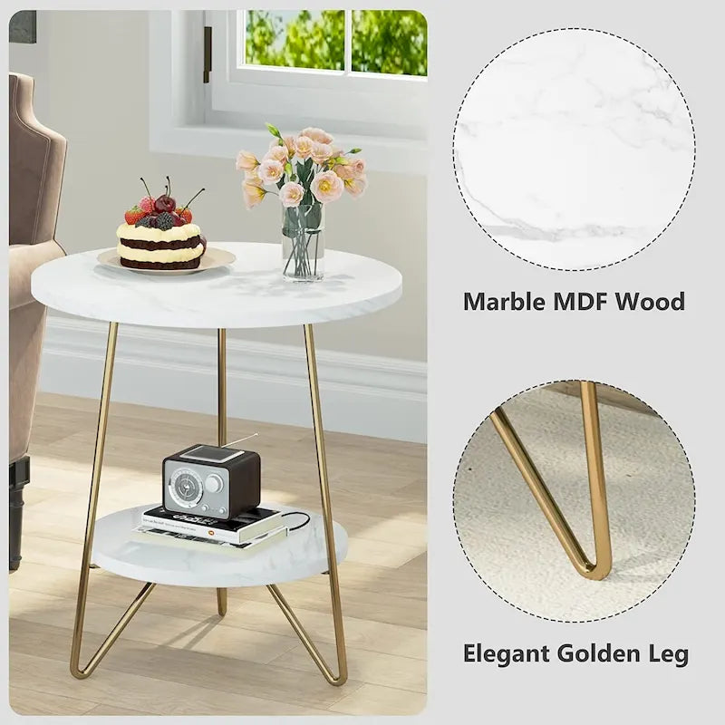 Round End Table, 2 Tier Wood Sofa Side Table for Living Room Bedroom