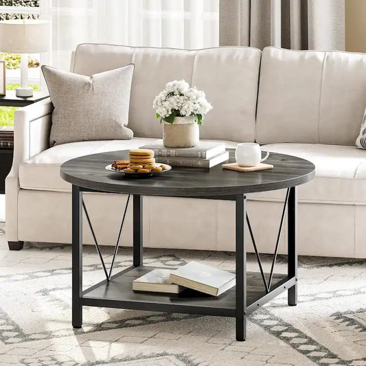 Moasis Industrial 2-Tier Round Coffee Table with Shelf