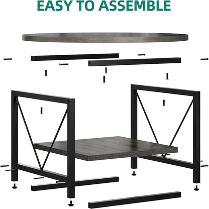 Moasis Industrial 2-Tier Round Coffee Table with Shelf