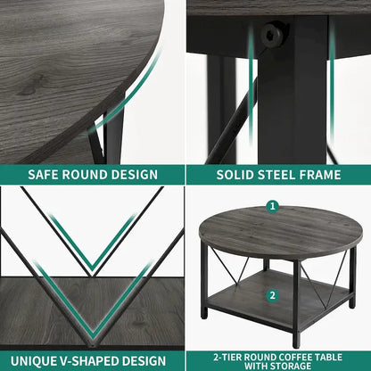 Moasis Industrial 2-Tier Round Coffee Table with Shelf