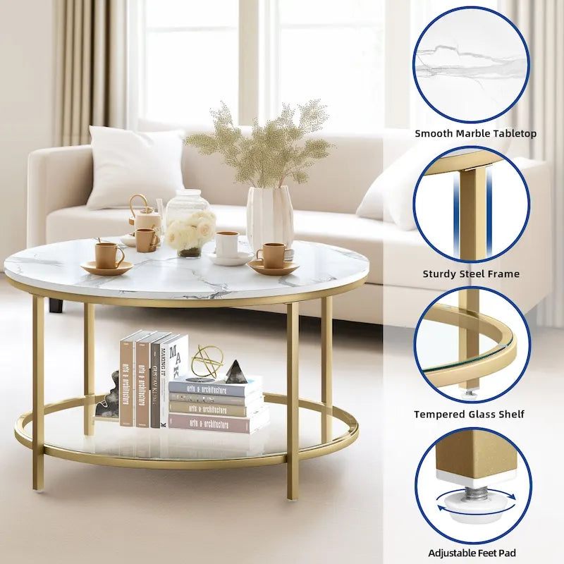 Moasis Industrial 2-Tier Round Coffee Table with Shelf