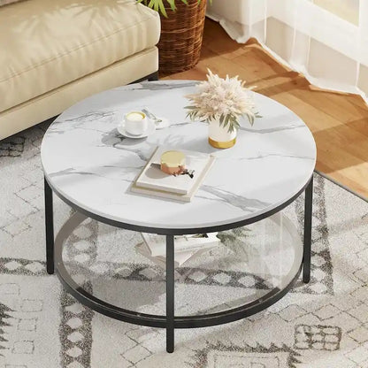 Moasis Industrial 2-Tier Round Coffee Table with Shelf