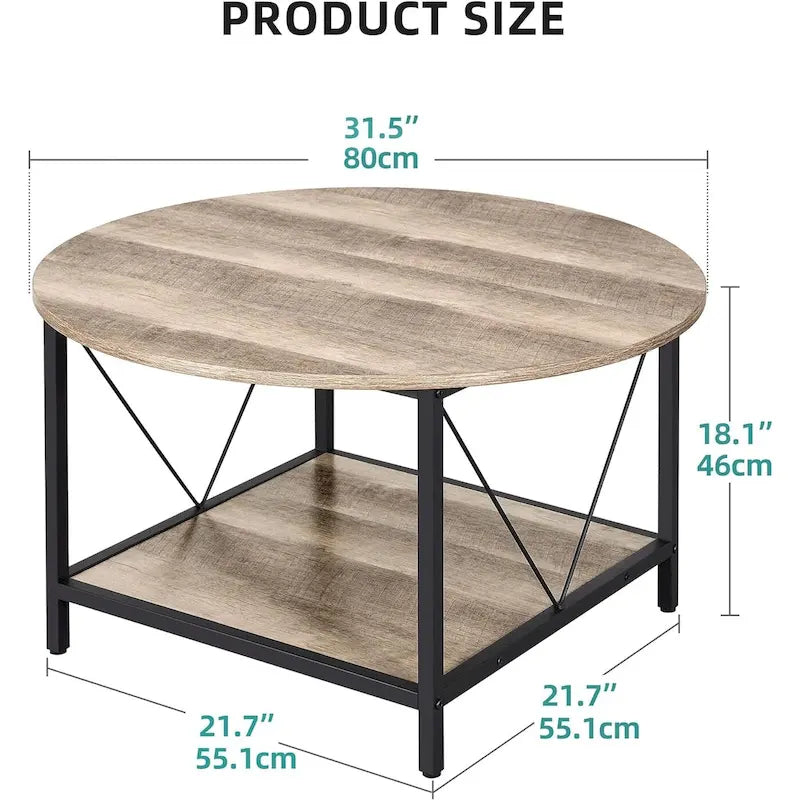 Moasis Industrial 2-Tier Round Coffee Table with Shelf