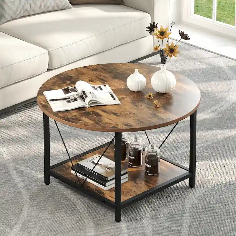 Moasis Industrial 2-Tier Round Coffee Table with Shelf
