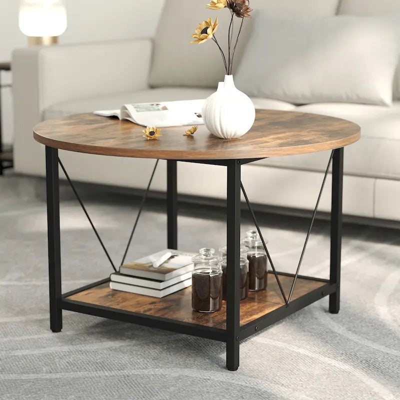 Moasis Industrial 2-Tier Round Coffee Table with Shelf