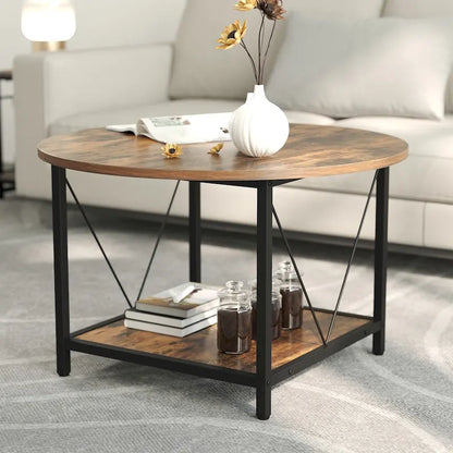 Moasis Industrial 2-Tier Round Coffee Table with Shelf