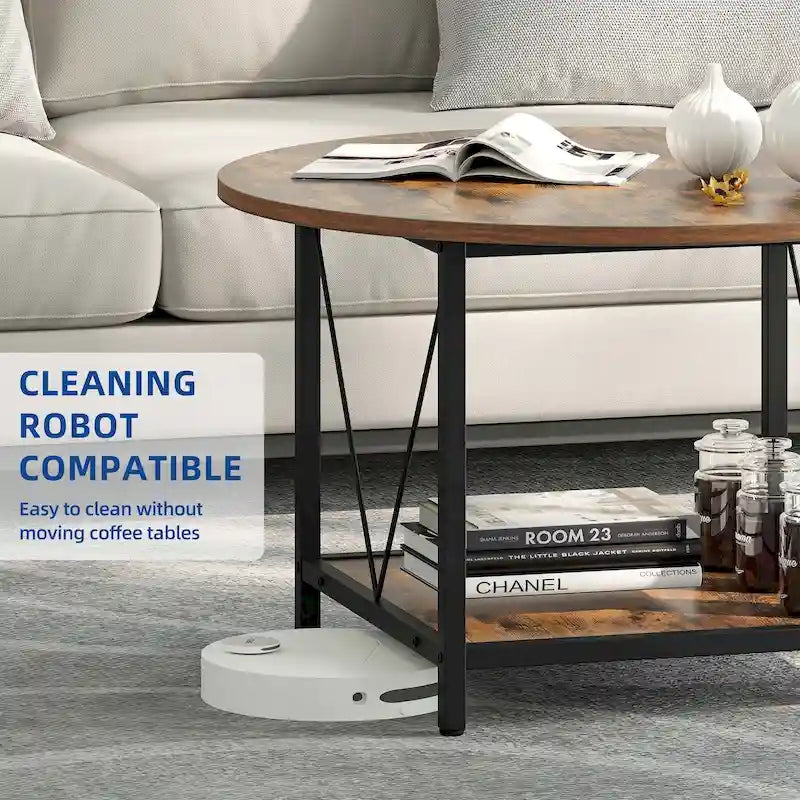 Moasis Industrial 2-Tier Round Coffee Table with Shelf