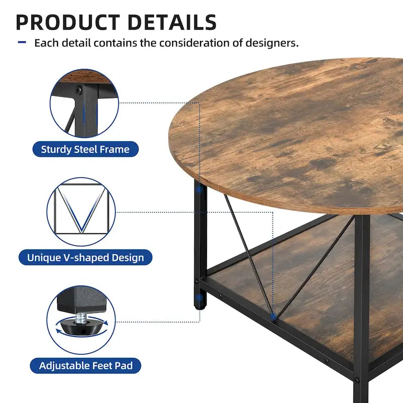 Moasis Industrial 2-Tier Round Coffee Table with Shelf
